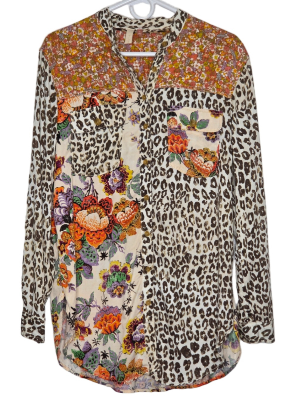 Anthropologie Pilcro Floral Leopard Button Down Shirt Women's Small Tan Orange - Picture 2 of 11